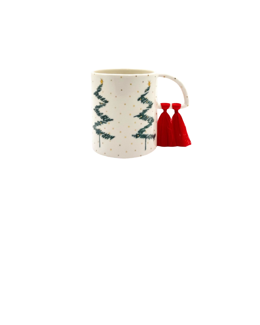 Decorative mug with Christmas tree design and red tassels