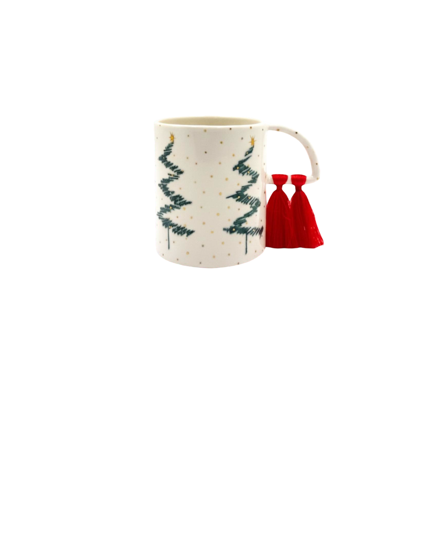 Decorative mug with Christmas tree design and red tassels