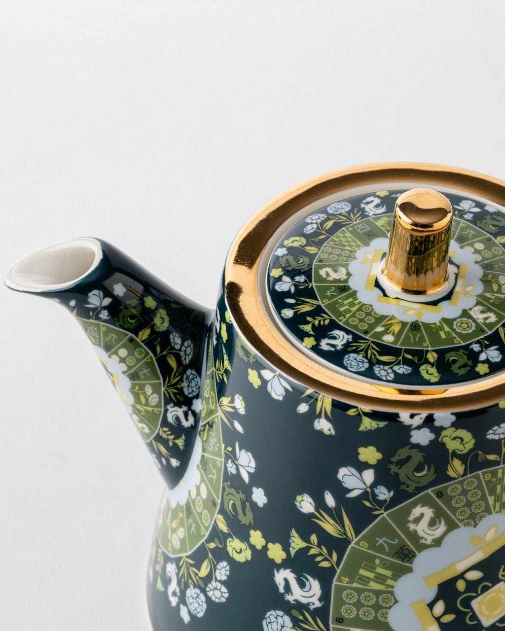 Decorative floral-patterned ceramic teapot with gold detailing