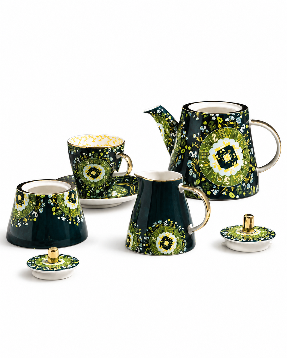 Duali floral-patterned ceramic tea set with teapot, teacups, serving pieces and gold detailing