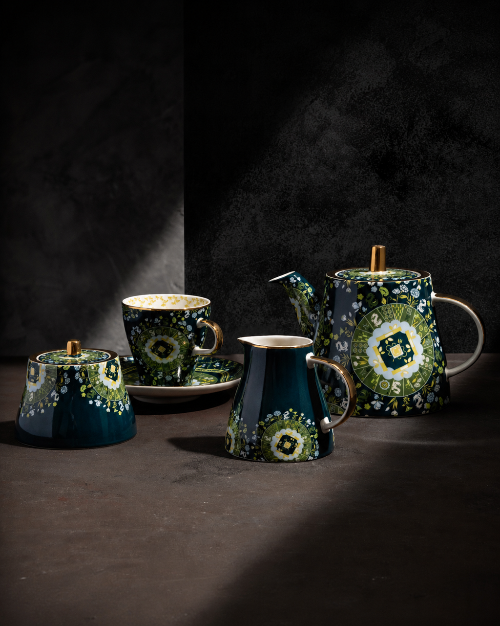 Duali floral-patterned ceramic tea set with teapot, teacup and serving pieces in a luxury setting