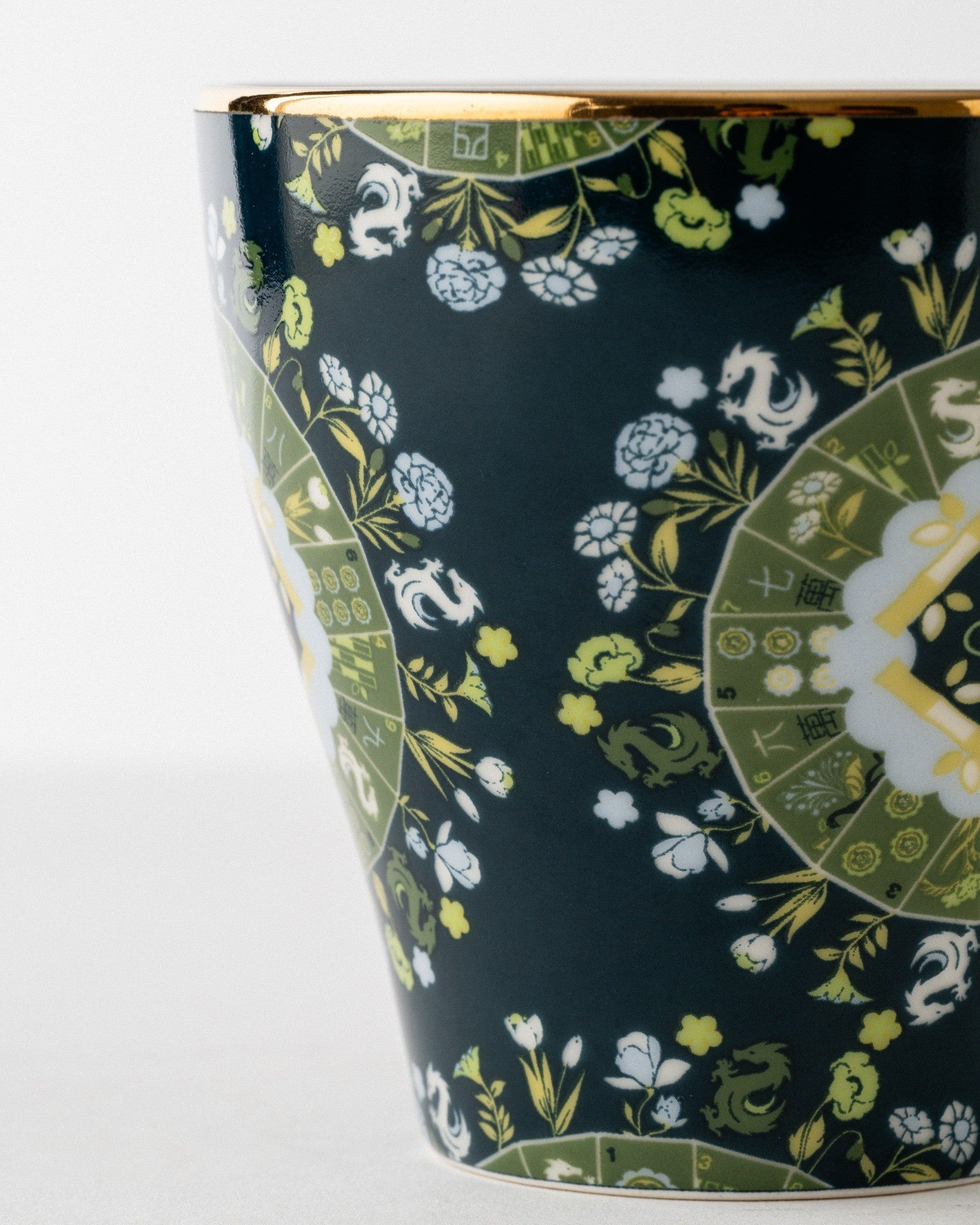 Duali floral-patterned ceramic teacup with gold rim and intricate decorative detailing