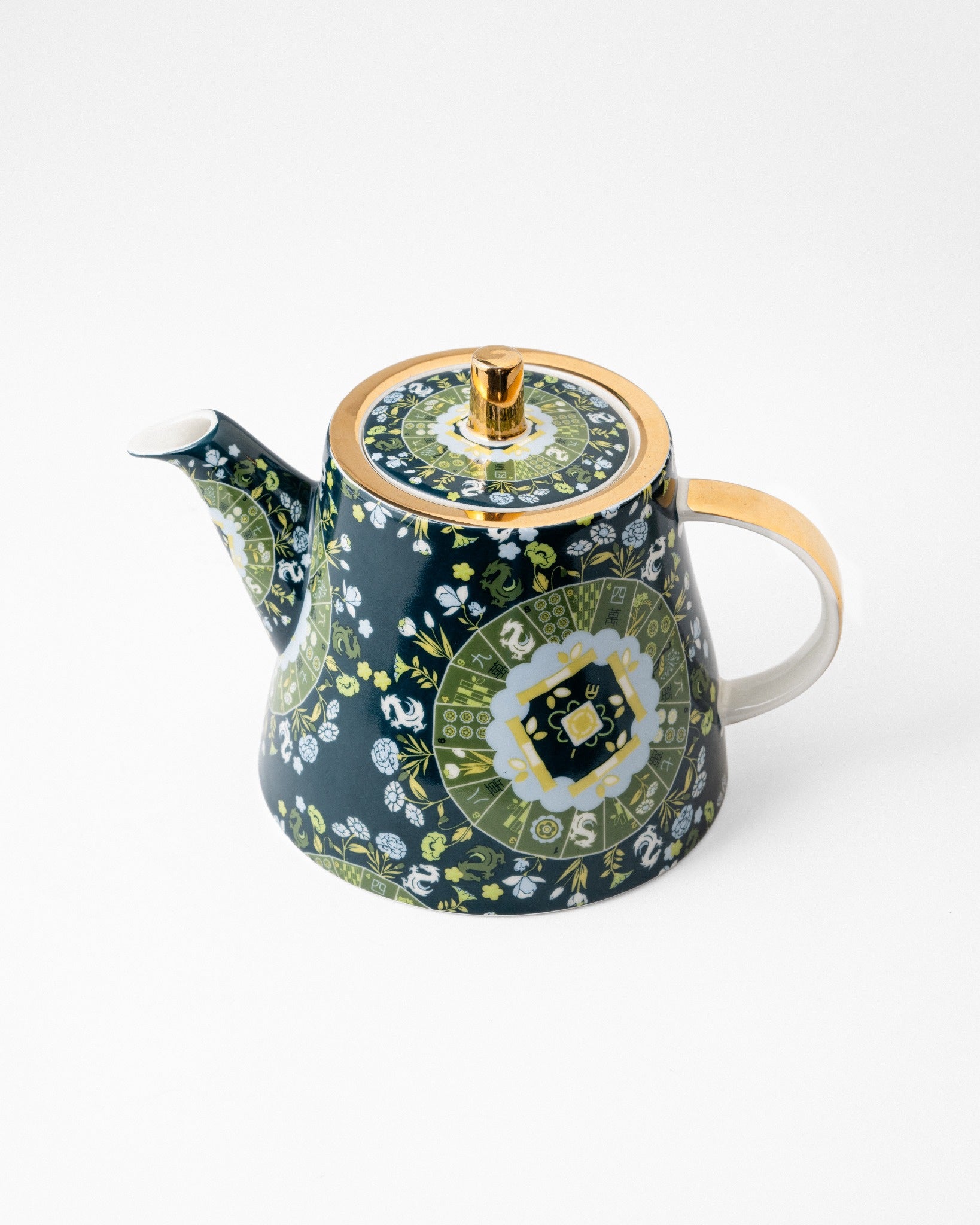 Duali floral-patterned ceramic teapot with gold handle, lid and decorative spout
