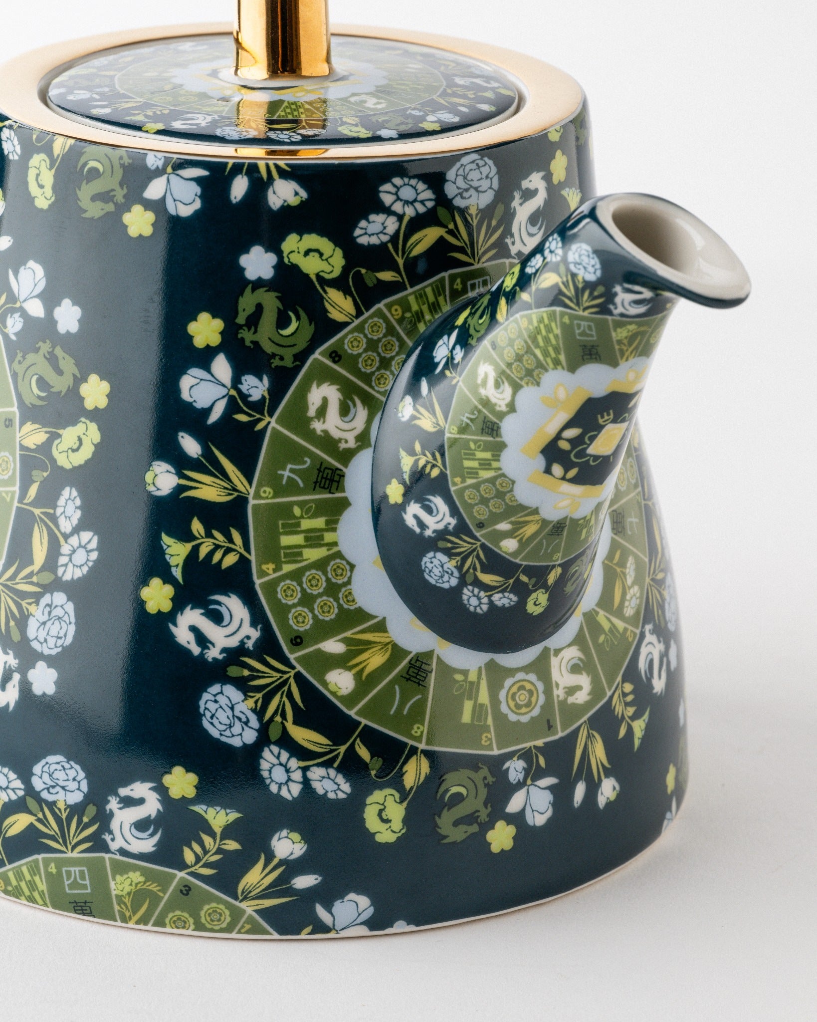 Duali floral-patterned ceramic teapot with gold detailing and decorative spout