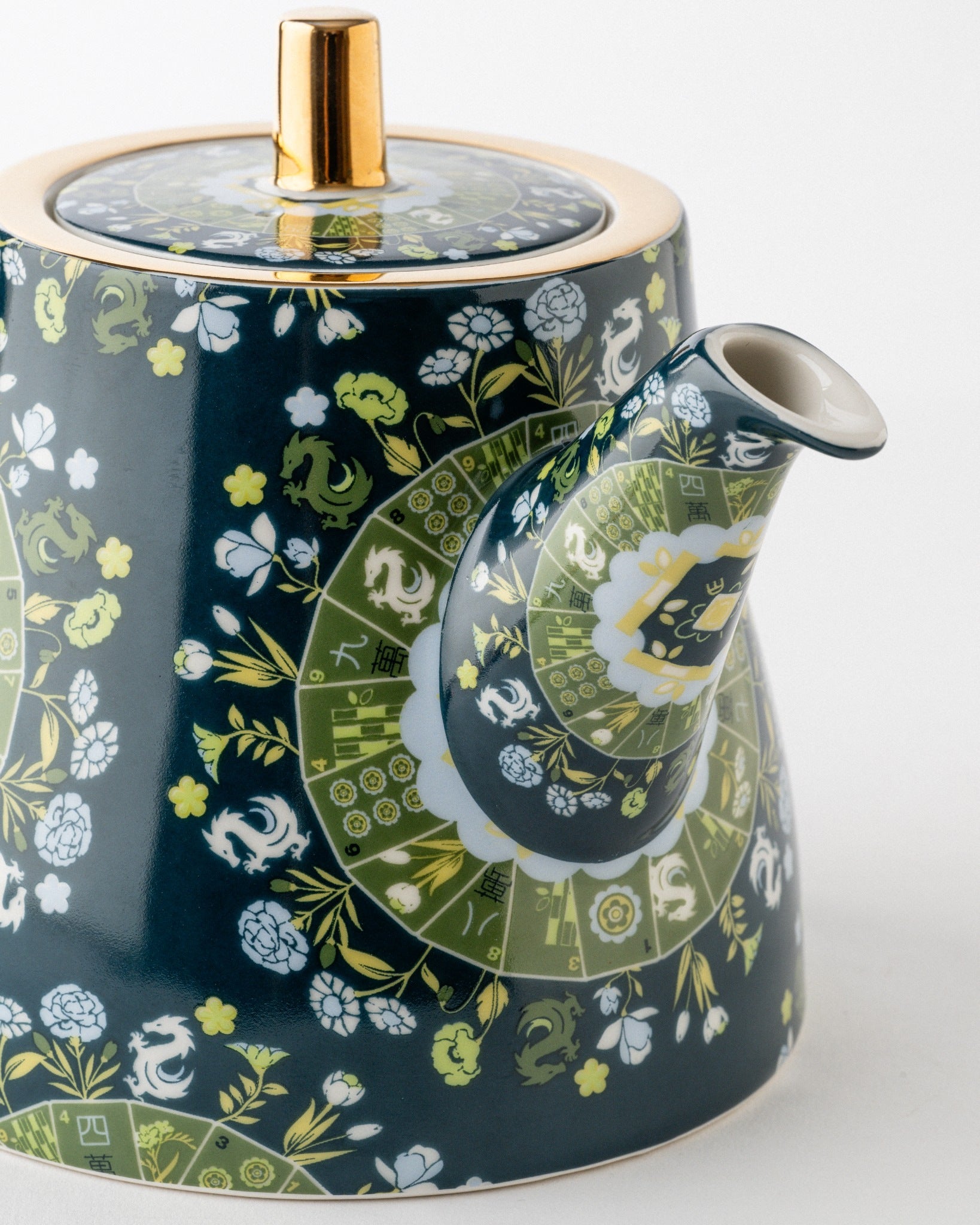 Duali floral-patterned ceramic teapot with gold handle and decorative spout