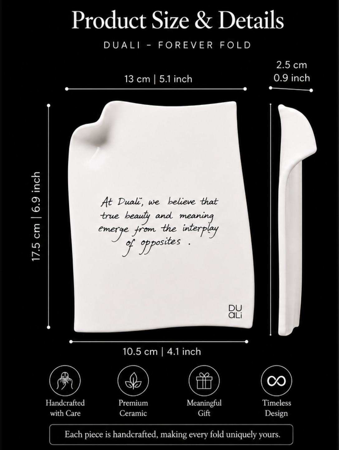 Forever Fold product size and details infographic with measurements, features, and handcrafted ceramic specifications on black background