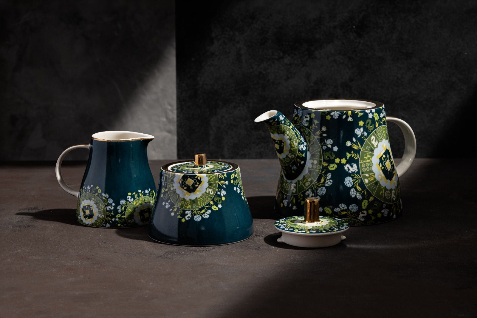 Teal ceramic tea set with green and white floral pattern, including teapot, creamer, and lidded sugar bowl with brass knobs